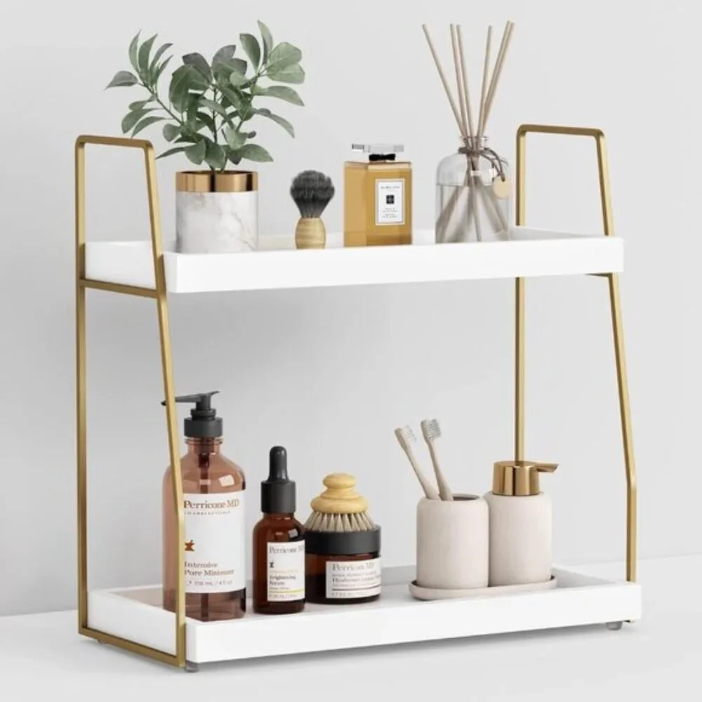 2-Tier Bathroom Organizer, White & Gold Wooden Sink Shelf for Vanity & Storage